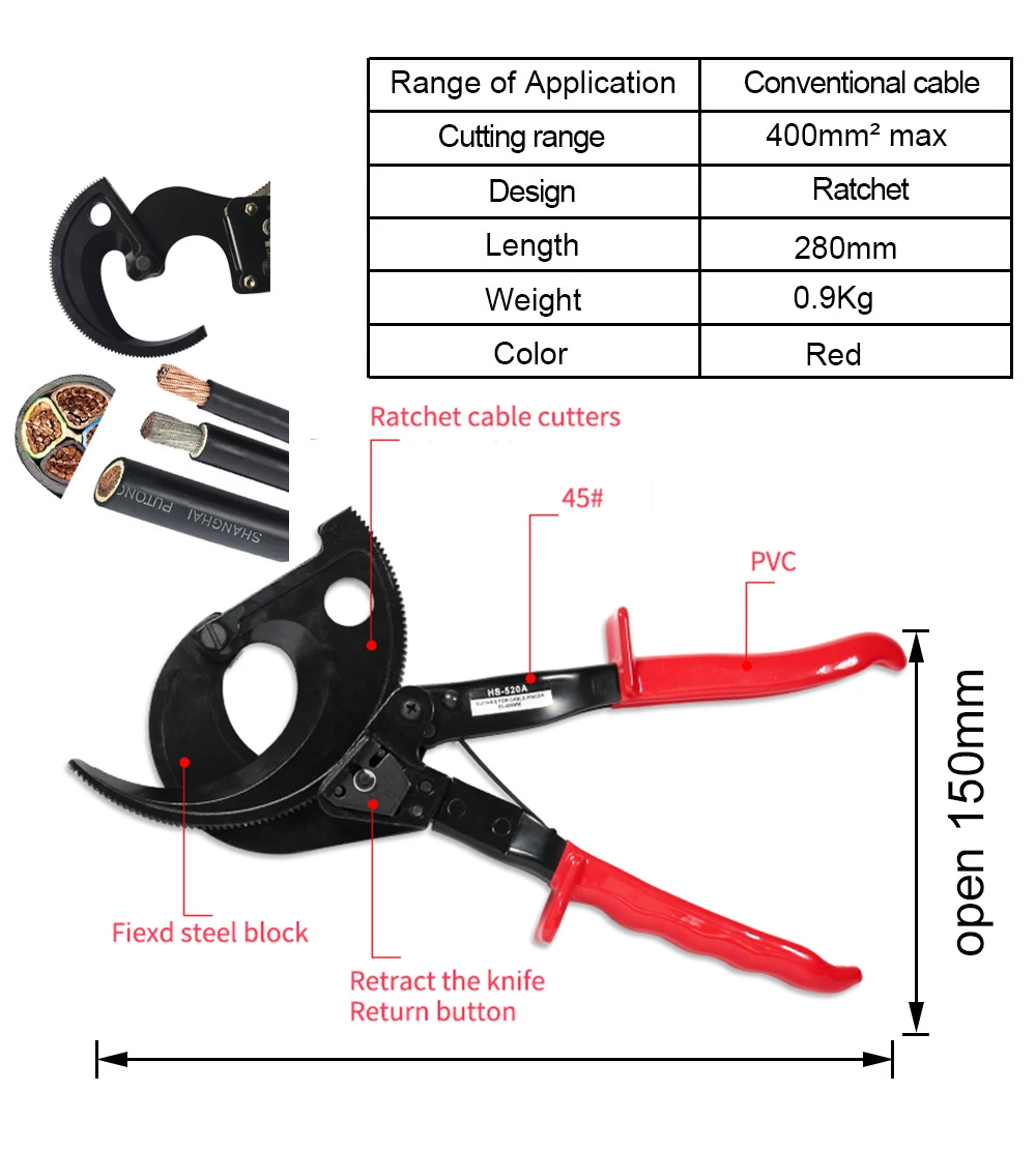 Ratchet Cable Cutter,Cutting 400mm2 Cables (hs520a) Cable Cutting Tool