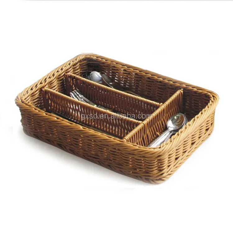 Handmade Rattan Cutlery Basket With Dividers For Knives Forks