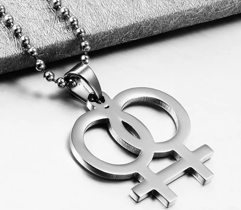 DOUBLE FEMALE SYMBOL NECKLACE Stainless Steel Pendant LGBT LESBIAN PRIDE Venus 