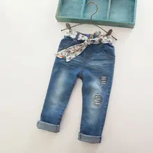 New Arrival Baby Girls Fashion Denim Jeans Girls Floral Belt Skinny Jeans Kids Spring Autumn Jeans
