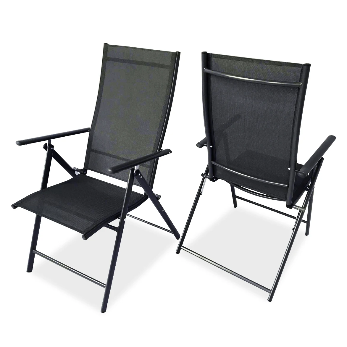 7 Position Adjustable Steel Textilener Teslin Sling Iron Metal Modern Outdoor Recliner Black Foldable Patio Garden Folding Chair