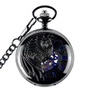 Antique Skeleton Blue Roman Numerals Dial Black Alloy Case Hand Wind Fob Chain Clock mechanical Men steampunk Pocket Watch