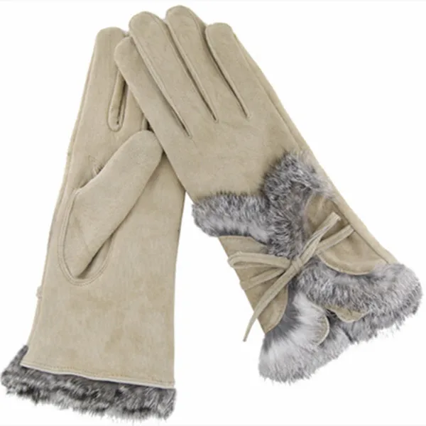 Women pigsplit warm winter leather gloves with rabbit fur