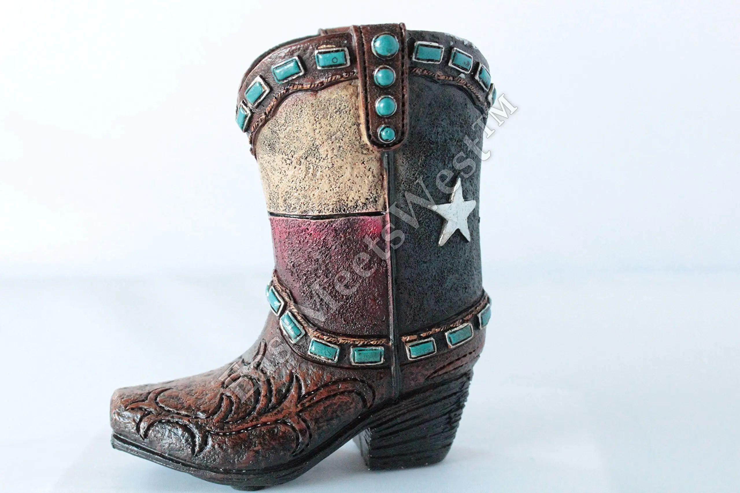 New WESTERN RUSTIC Mini TEXAS FLAG COWBOY BOOT VASE Toothpick Pen Pencil HOLDER
