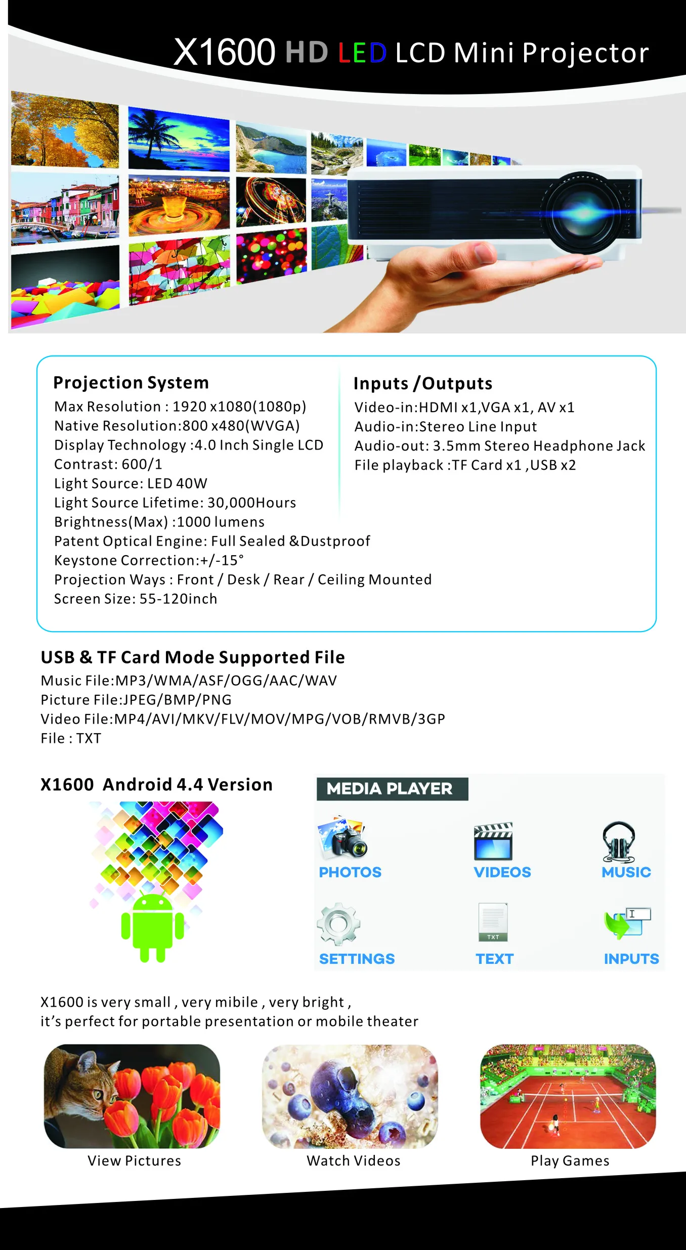 Smart Phone Mobile LCD Projector Mini, Watch Phone Projector 1080p Factory