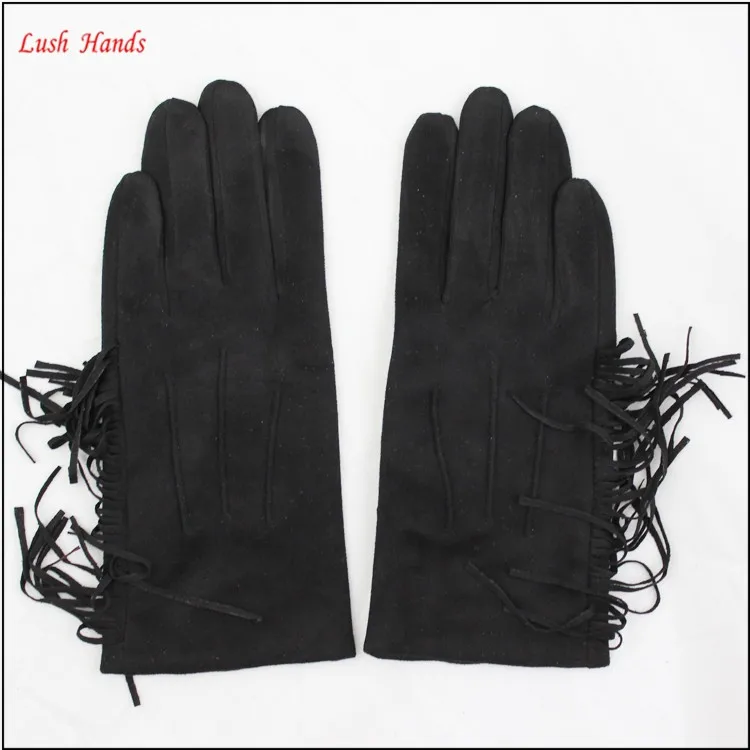 2016 ladies winter black suede leather hand gloves with tassel