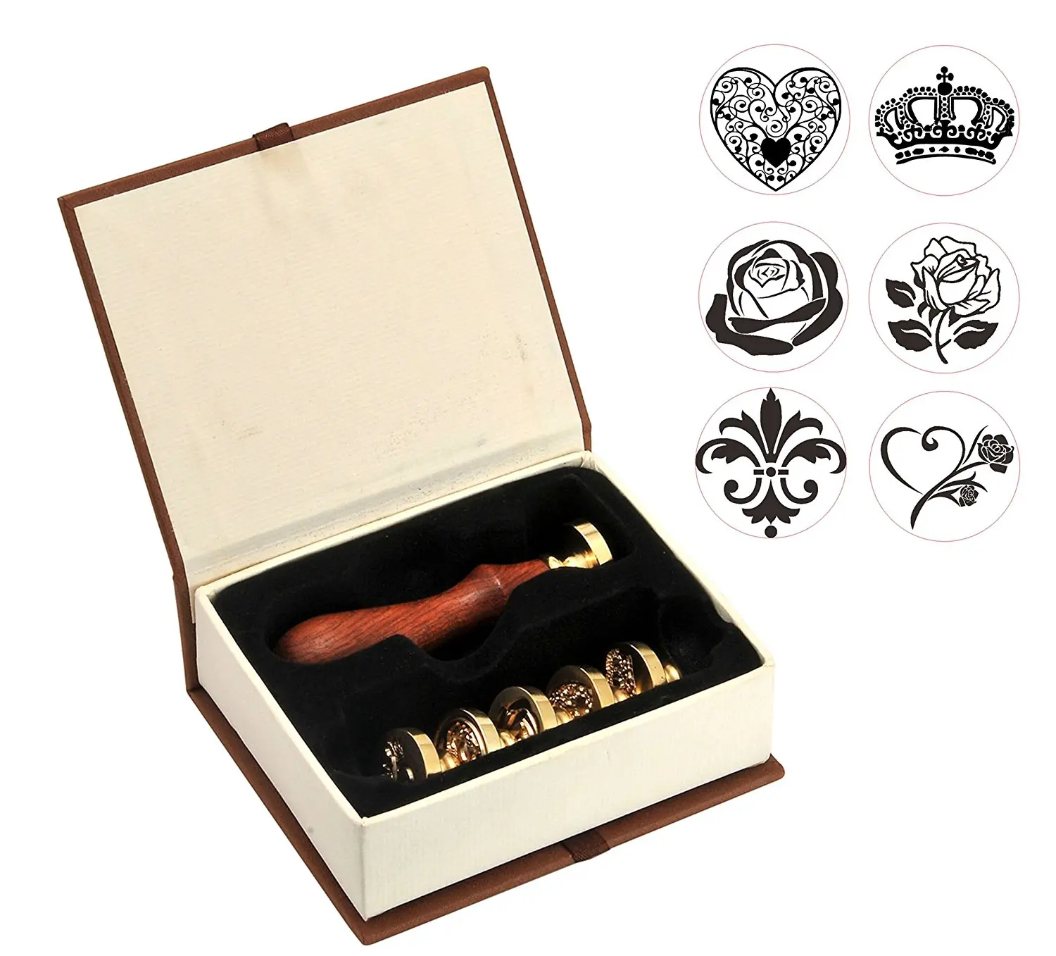 Wax Seal Stamp Set,Yoption 6 Pieces Sealing Wax Stamps+1 Wooden Hilt, Romantic Valentine's Day Seal Wax Stamp Gift Kit for Cards Envelopes,Invitations,Wine Packages (Flower+The Rose3+Heart+Crown)