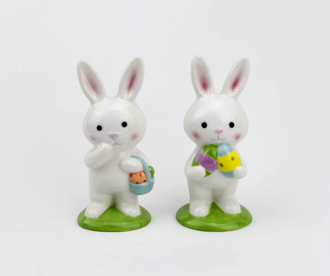 Ceramic Bunny Rabbit With Basket Of Easter Eggs Figures For Easter Day