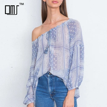 Fringed Drawstring Elastic Neckline Sheer Georgette Peasant Blouse ...