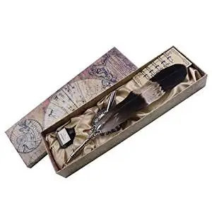 Featty Quill Pen - World Map Luxury Feather Pen Writing With Empty Ink Bottle,Round Pen Holder