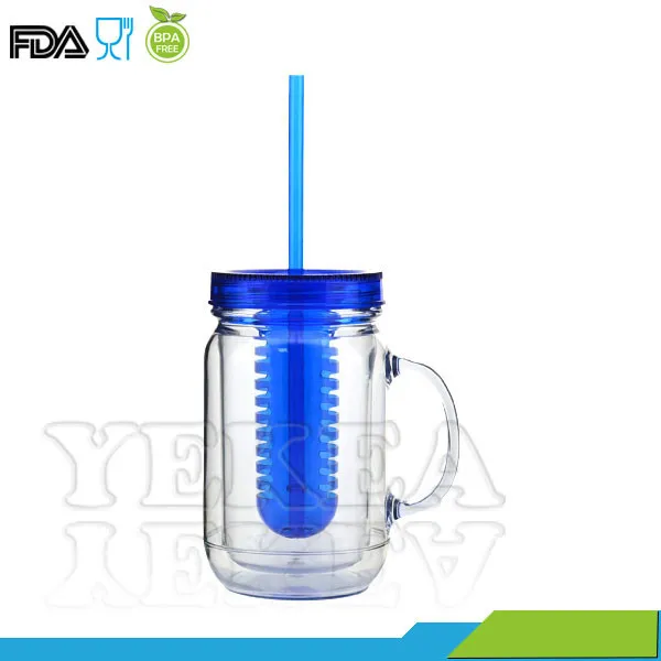 20 Oz Double Wall Plastic Straw Handle Mason Jars With Fruit Infuser