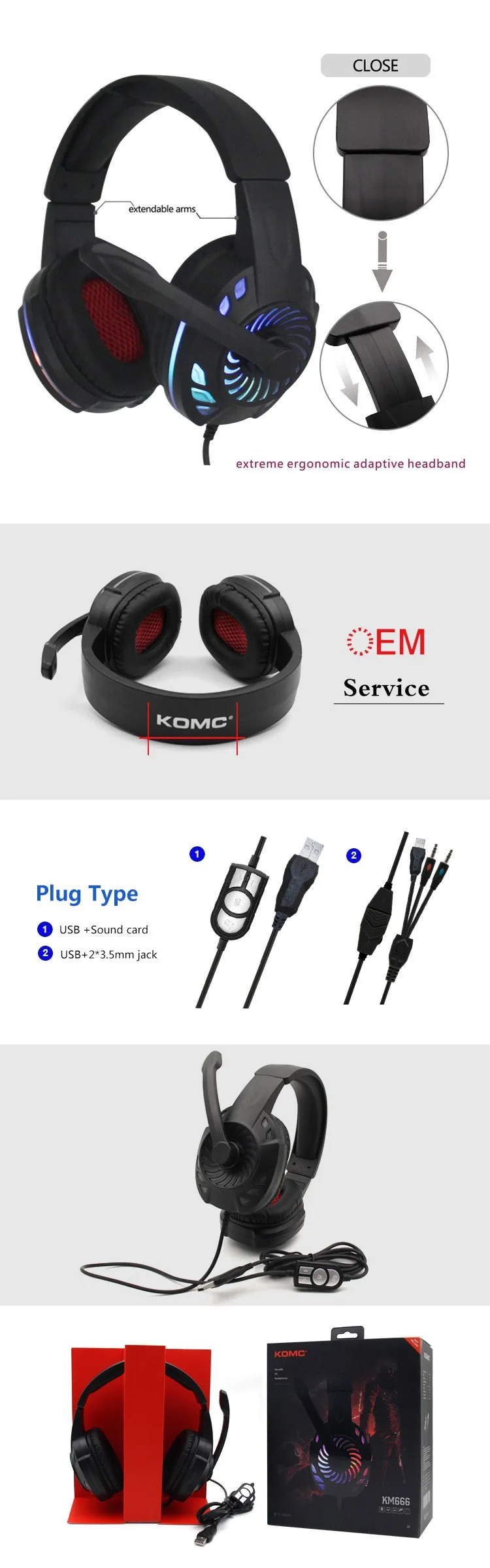 Komc Latest Patent Usb Gaming Headphone 7 Color Flashing Light Led Top