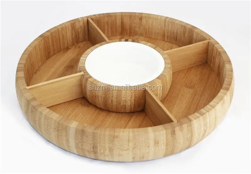 Organic Bamboo Chip And Dip Serving Platter Set W/ceramic Dip Bowl