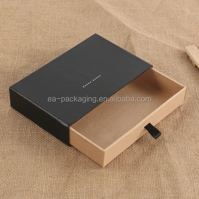 Customized Black Drawer Box Packaging With Ribbon In China
