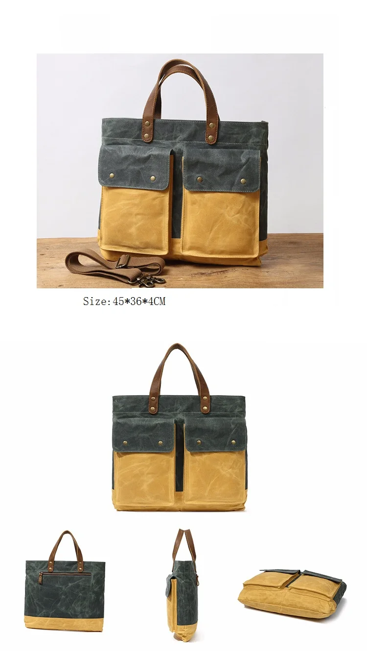 Europe designer vintage water proof waxed canvas unisex laptop briefcase shoulder messenger bag with leather trim