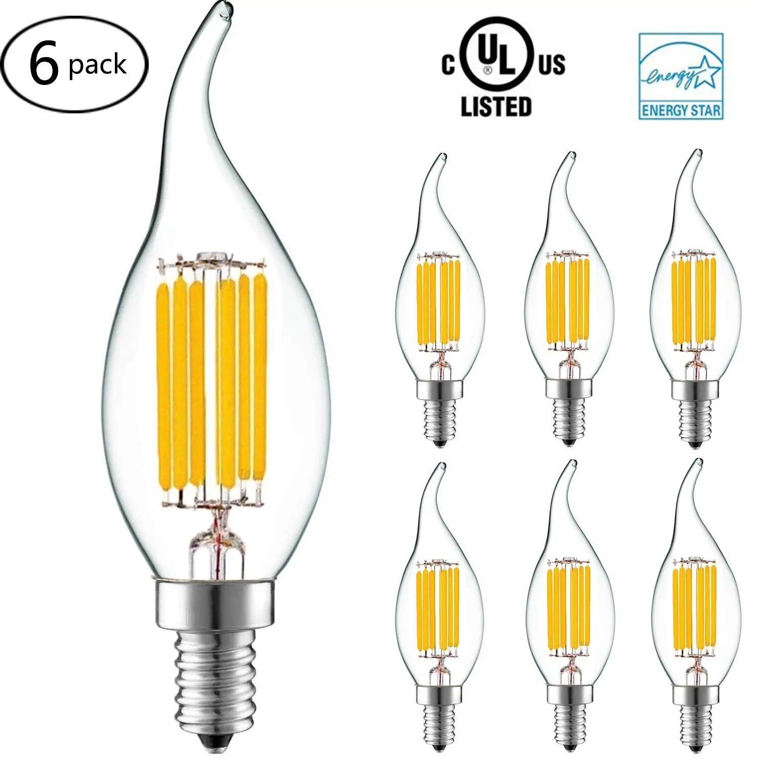 Acidea 6W Dimmable LED Filament Candle Light Bulb E12 Clear Candlestick Base Lamp C35 Flame Shape Bent Tip 60W Incandescent Equivalent 5 Pack 2700K Warm White 600LM