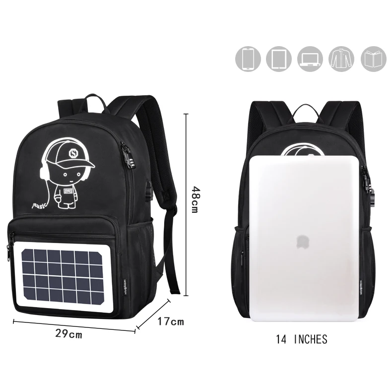 Black Anti-Theft Outdoor Water Resistant Luminous Logo Solar Panel Backpack With USB Charger
