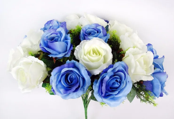 High Level 24 Heads Silk Artificial Blue Roses Flower Bunches For