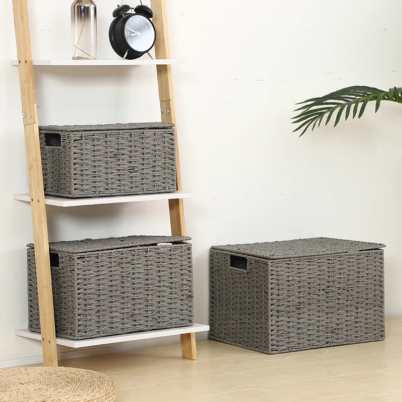Full Grey Square Woven Storage Baskets With Lid Buy Picnic Basket With Wine Holder,Woven