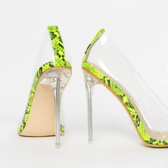 snake print perspex heels