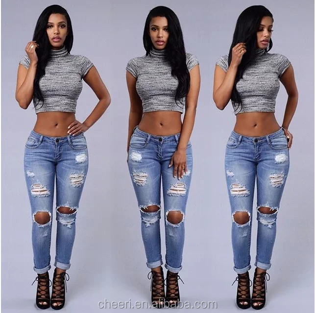 Pants In Stock Hot Sale Women Sky Blue Ripped Jeans Pants Price In