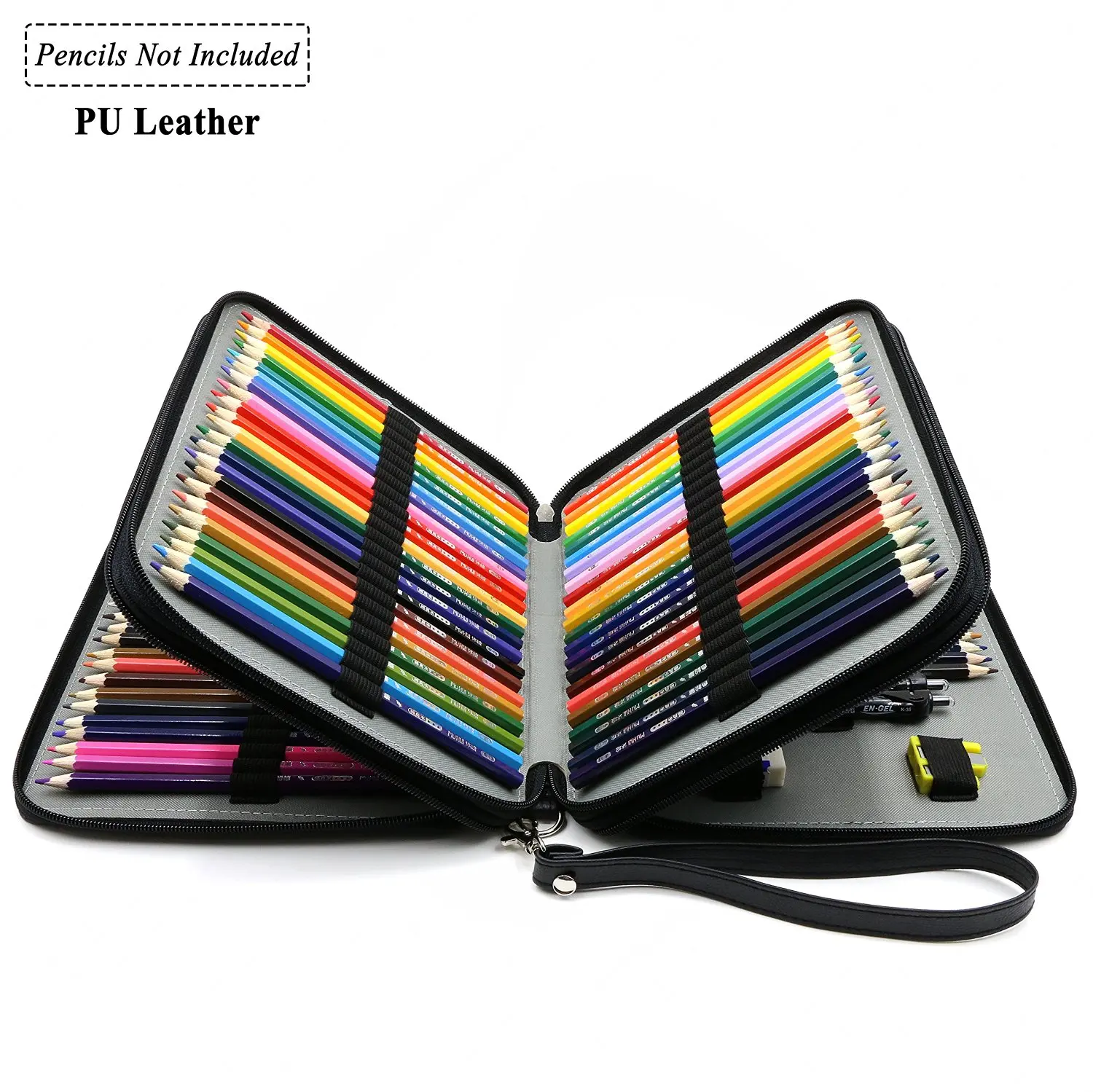 YOUSHARES 120 Slots Pencil Case - PU Leather Handy Multi-layer Large Zipper Pen Bag with Handle Strap for Prismacolor Watercolor Pencils, Crayola Colored Pencils, Marco Pens and Makeup Brush (Black)