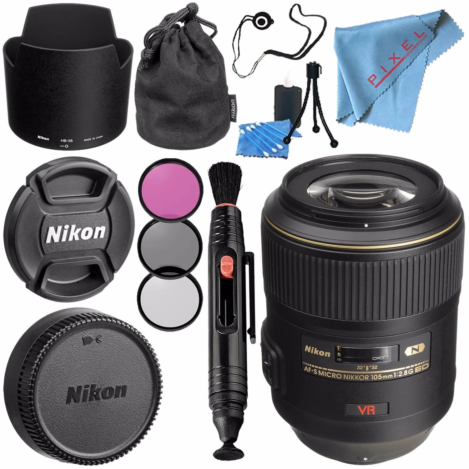 Nikon AF-S VR Micro-NIKKOR 105mm f/2.8G IF-ED Lens 2160 + 62mm 3 Piece Filter Kit + Lens Pen Cleaner + Fibercloth + Lens Capkeeper + Lens Cleaning Kit Bundle