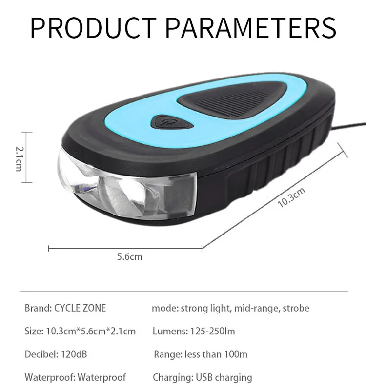 Bicycle Headlight + Horn USB Charge Bike Front Handlebar LED Lamp Lantern Electronic Bell Siren Alert Trumpet Audio Warning
