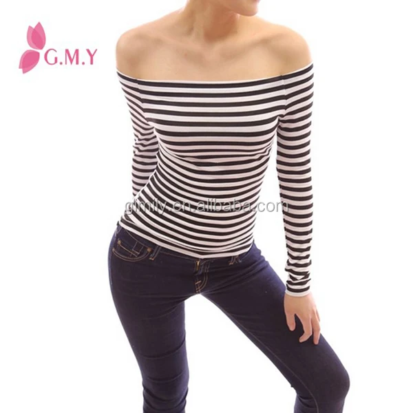 Women Fitted Top Black And White Stripe Long Sleeve Tunic Knitwear Off