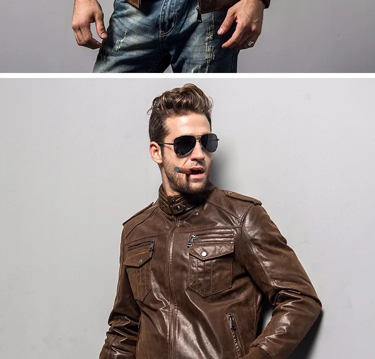 Fashion Men's Genuine Leather Jacket Pig Skin Motorcycle Leather Jacket ...
