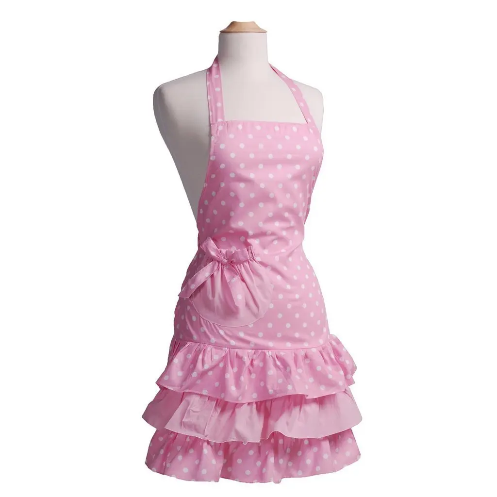 Payviva 100% Cotton Fabric Material Three Tiered Ruffles With a Big Bow on the Pocket Kitchen Apron Pink Dots Color Adult