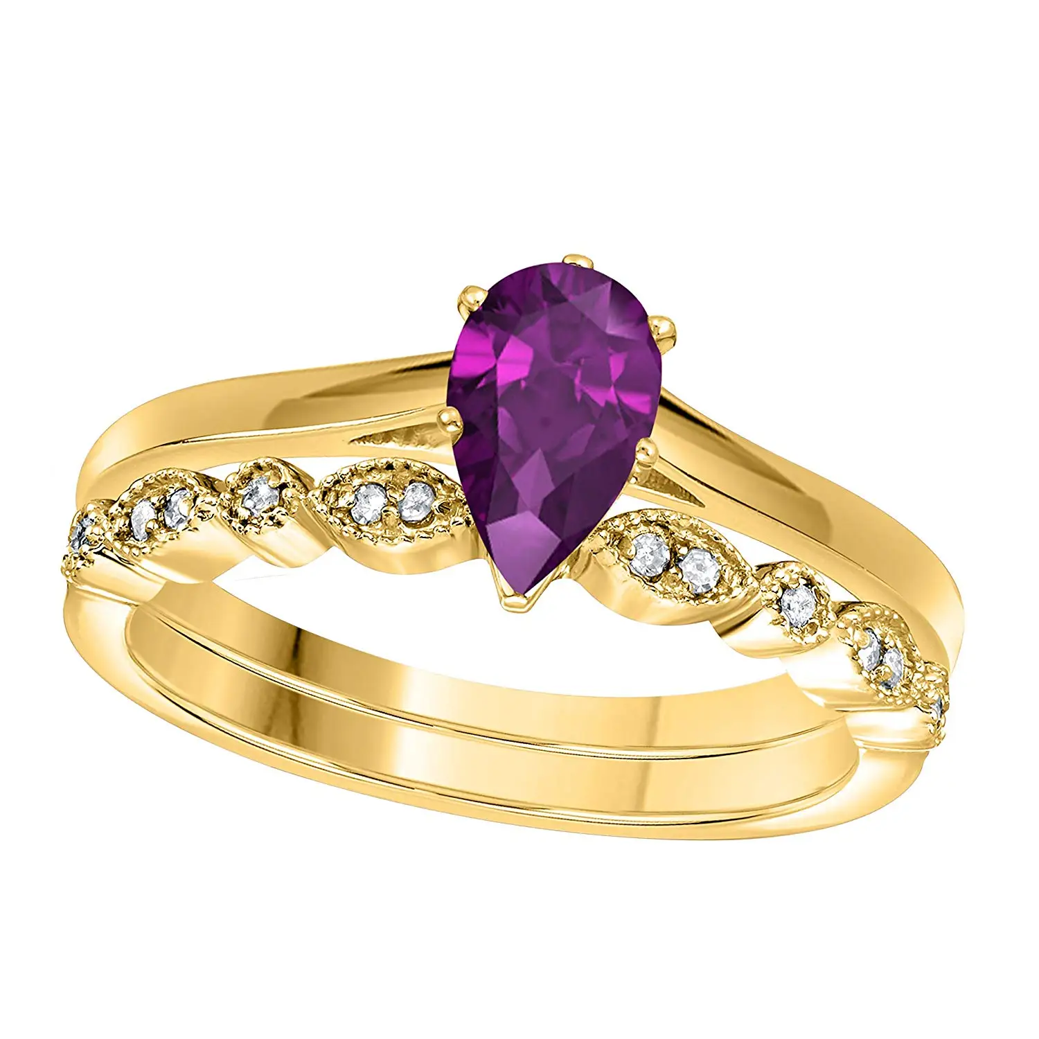 DreamJewels 1.00 Ct Pear Shape & Round Cut Amethyst & White CZ Diamond 14k Yellow Gold Finish Alloy Art Deco Vintage Design Wedding Engagement Ring Sets Size 4.5-12