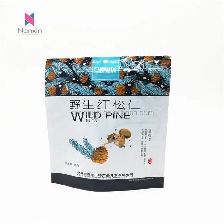 Wild pine nut packaging and printing zipper lock stand up pouch with clear window