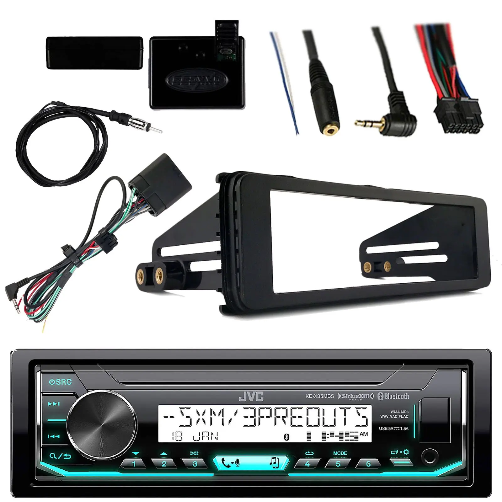 Get Quotations · JVC Marine Radio Stereo Bluetooth Receiver Bundle with Adapter Install Dash Kit, Handle Bar Control