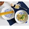 white and round bakeware flat ceramic baking plate porcelain baking dishes with customized blue wave design