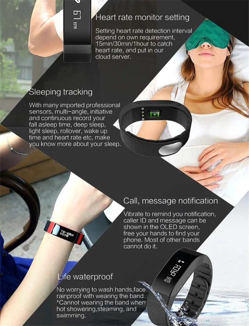 Heart rate moniter activity tracking slepp monitor call notification message notification sedentary alarm SMA band