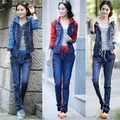 Summer new style Korean women leisure suit long sleeved sweater cowboy spell color sport suit for
