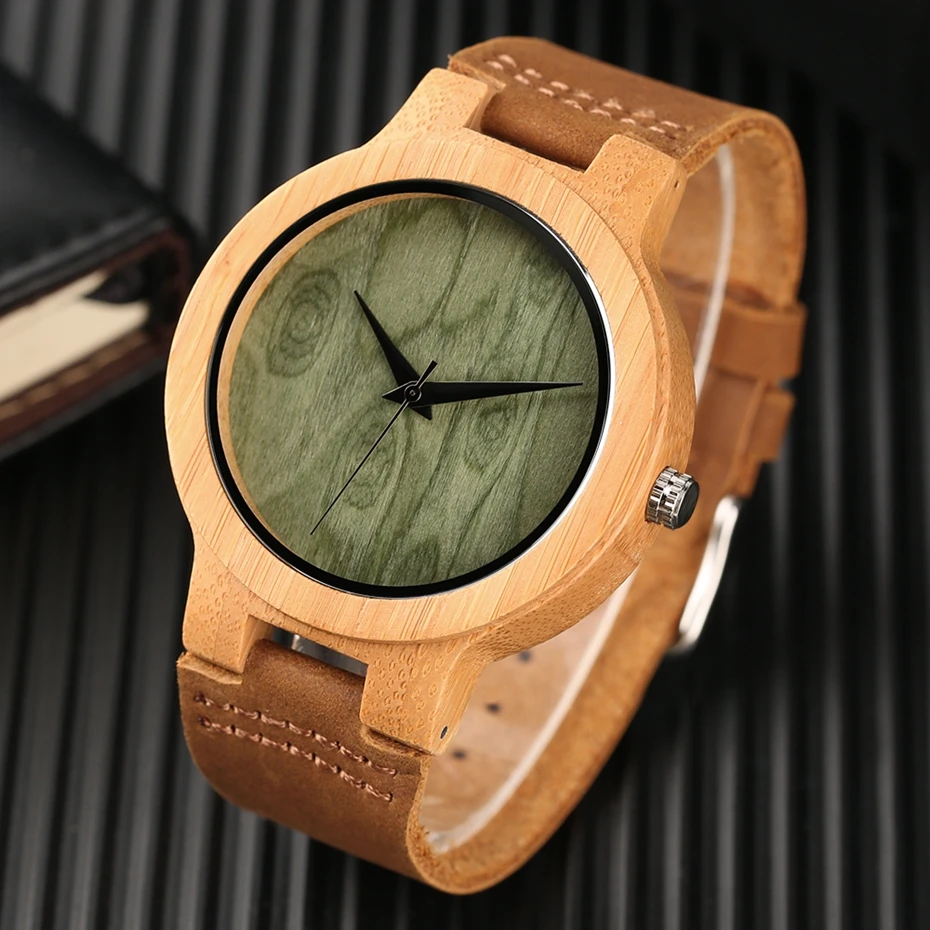 Orologio in legno con quadrante verde chiaro e marrone, minimalista, semplice, in legno, bambù naturale, per uomo e donna, in vera pelle, orologio da regalo Reloj de madera 2017 2018, regali per uomo (8)