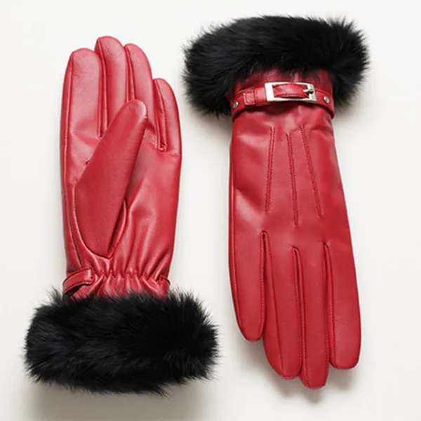 real rabit fur cuff PU gloves for women
