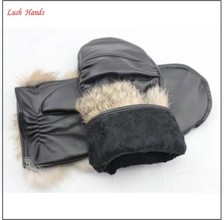 rabbit fur cuff women wearing warm winter mitten gloves genuine leather glove