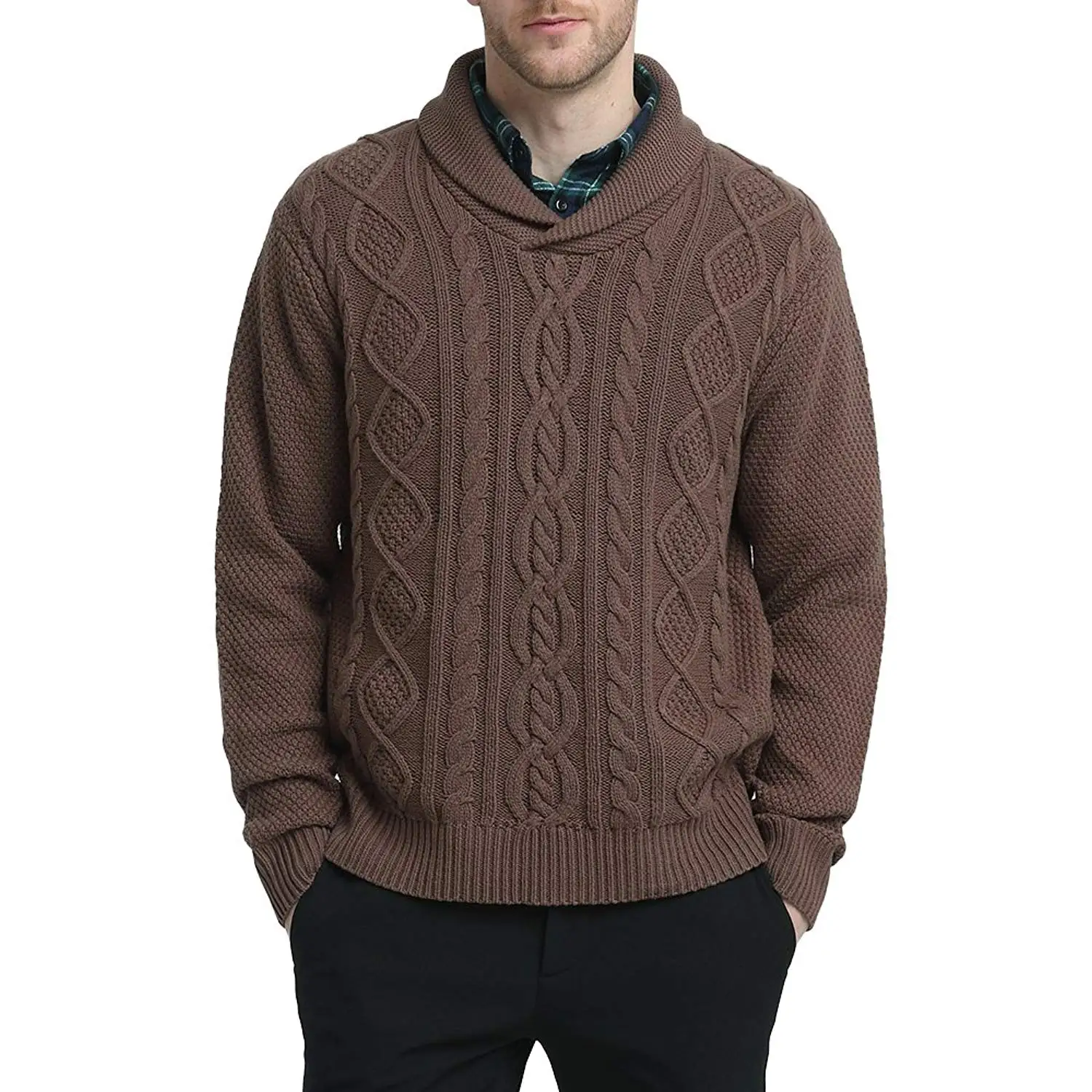 Kallspin Mens Relaxed Fit Solid Shawl Collar Sweater Pullover Cable Fisherman