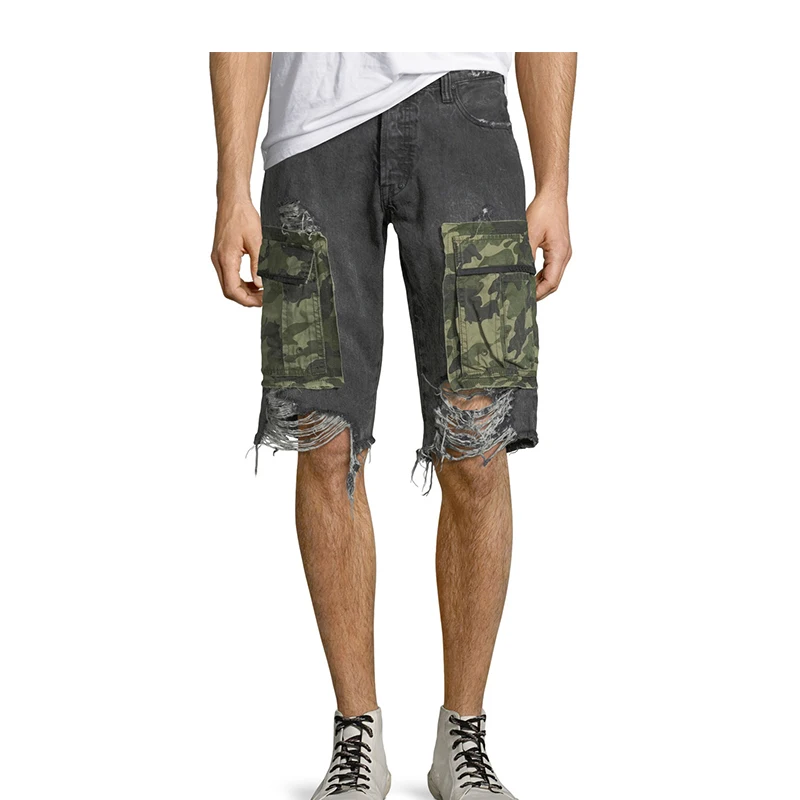 2019 Distressed Mens Denim Shorts Man Casual Patchwork Shorts Custom