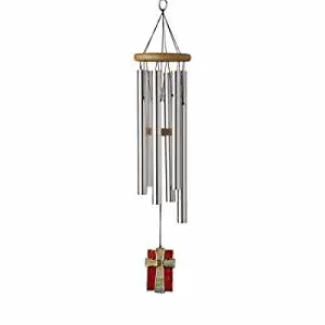 Woodstock Celtic Chime Cross - Teak Finish Pine Wood, 5 Silver Tubes, Wood Bead and Genuine Stone Accents