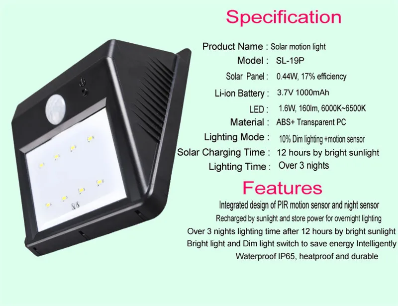 Super bright 8 LED wireless solar motion sensor garden light