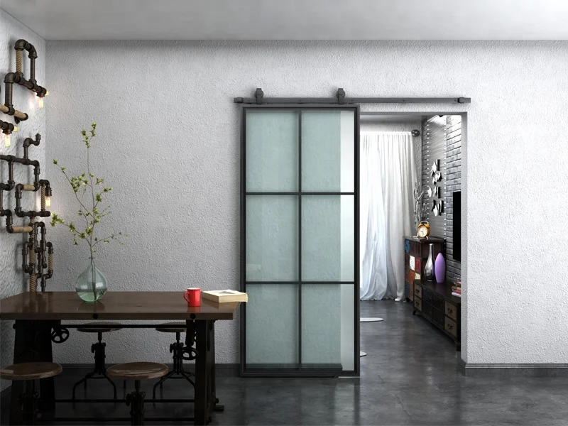 Black Carrbon Steel Metal Frame Tempered Glass Sliding Barn Door - Buy