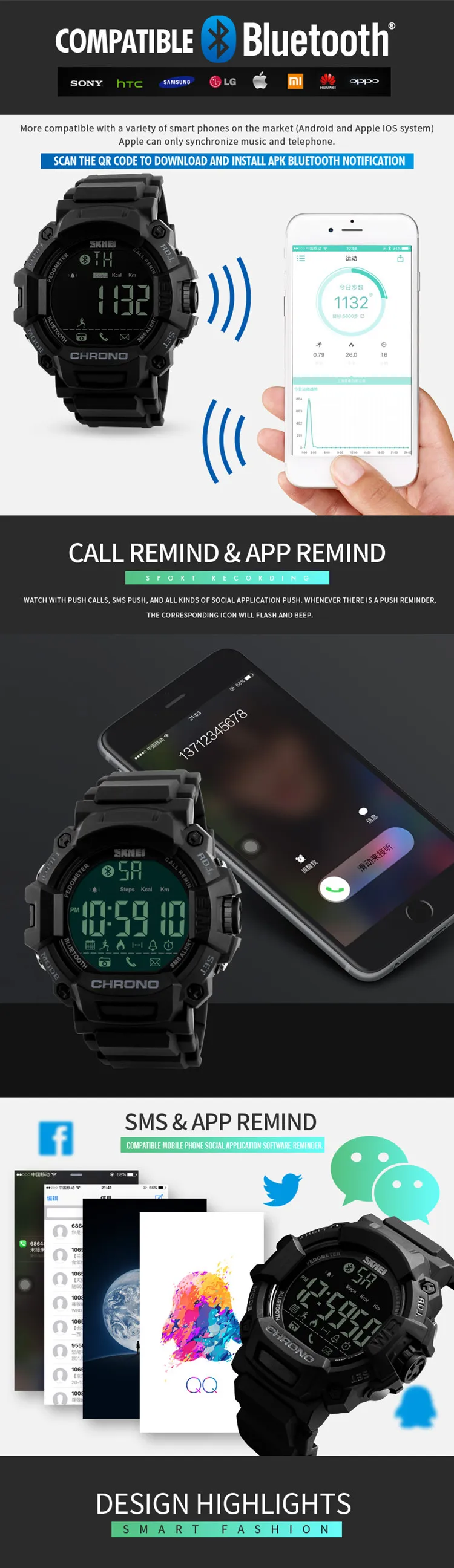 SKMEI Hot Selling Alibaba Com Calorie Counting Black Smart Watches For Men