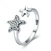 Ocean Style Pave CZ Starfish Open Ring Adjustable 925 Sterling Silver Double Star Ring