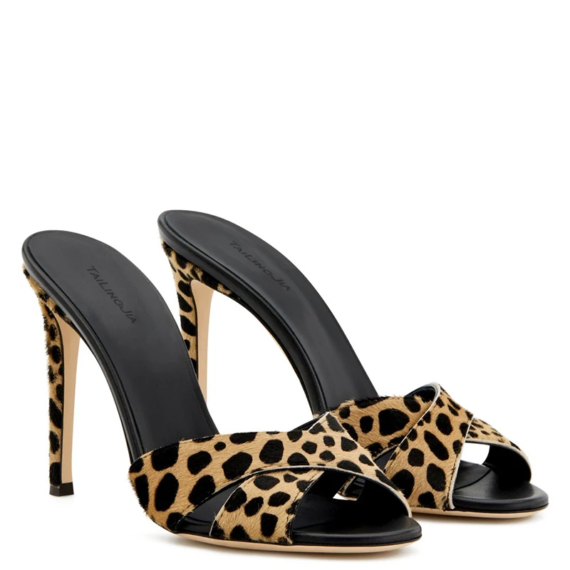 Sexy Leopard High Heel Mules Open Toe Heeled Slipper Slides Sandals