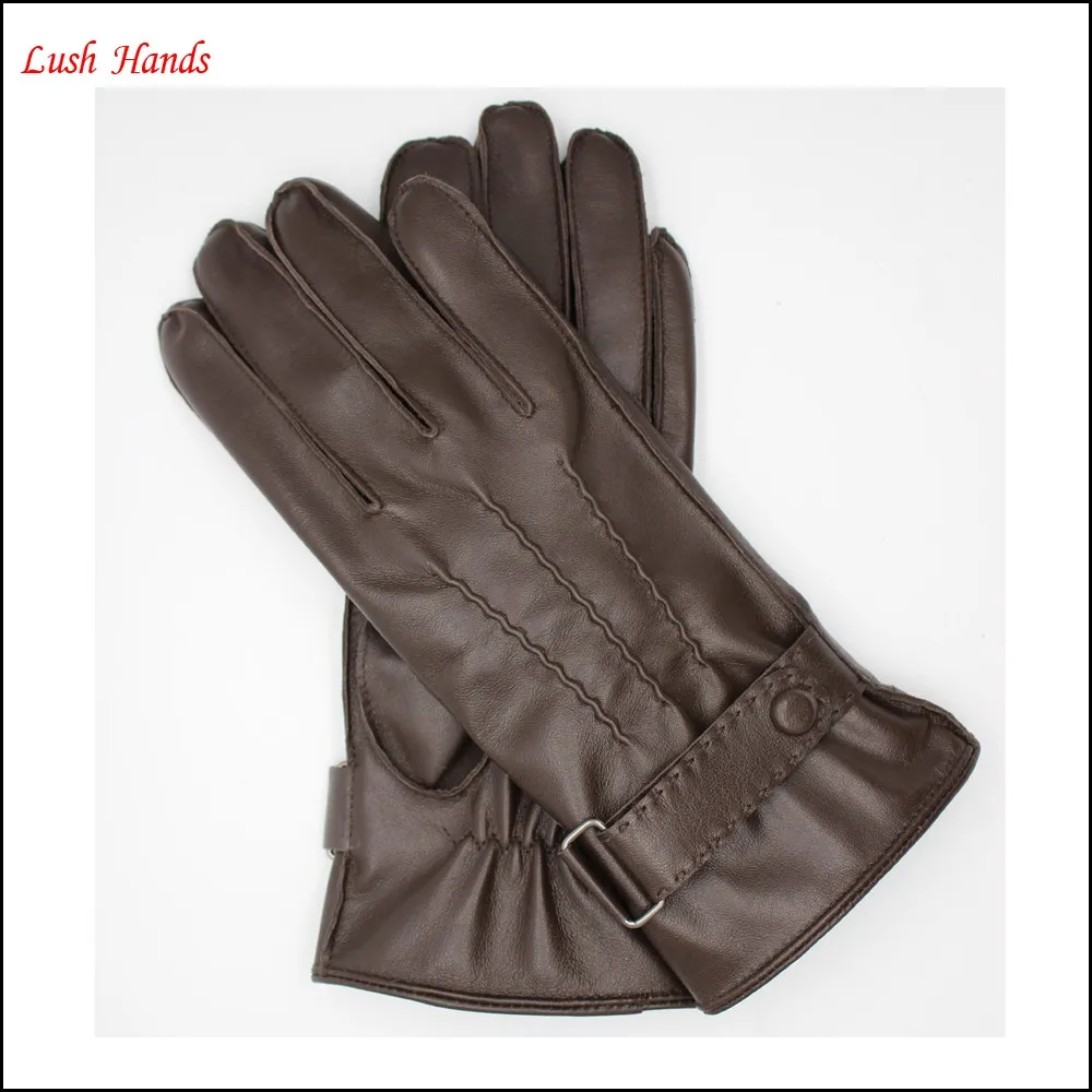 wholesale Classic women black leather gloves with belt buckles and buttons