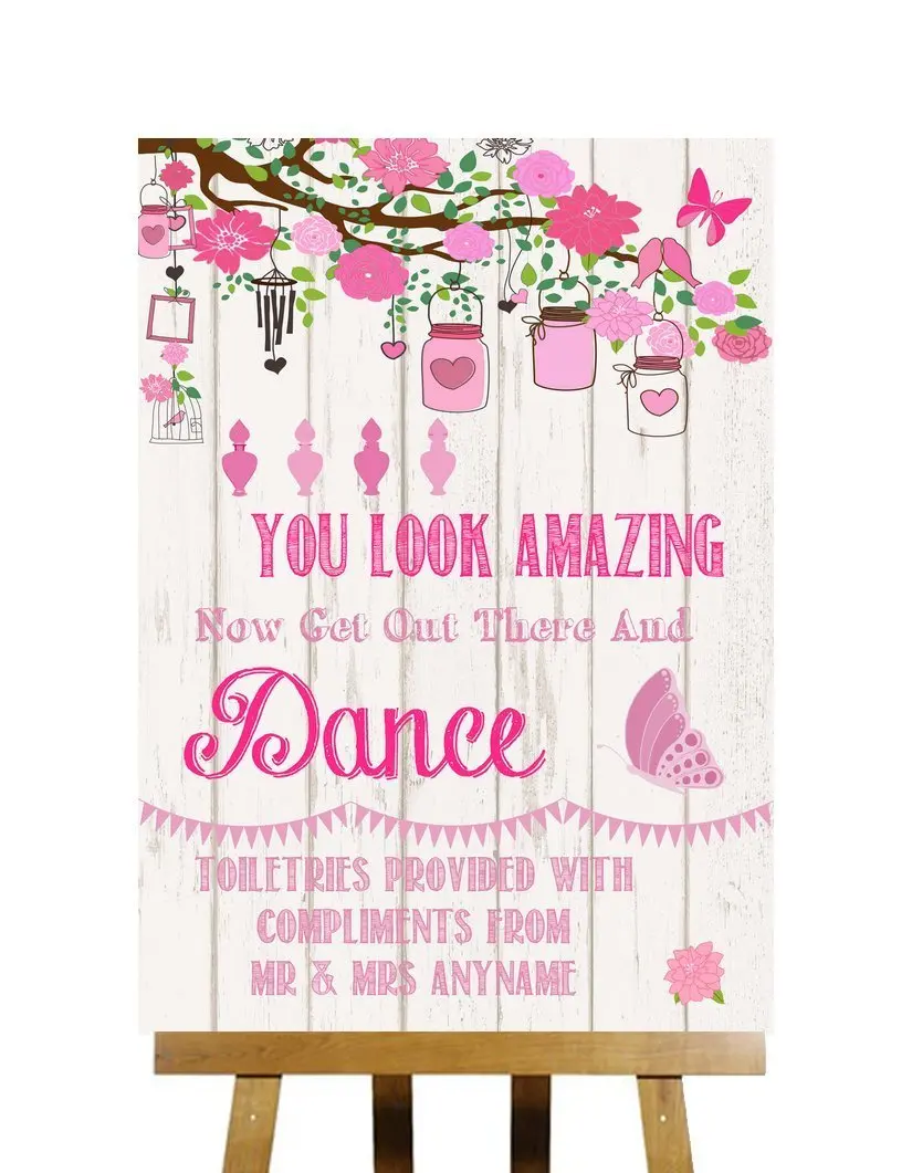 Pink Rustic Wood Effect Toiletries You Look Amazing Personalized Wedding Sign